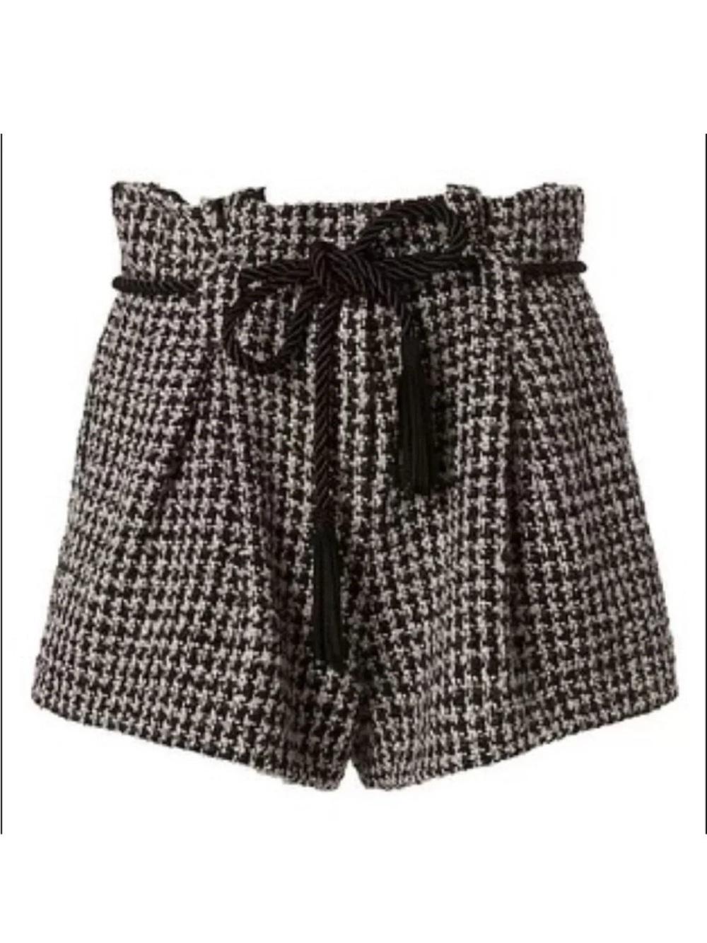 L'AGENCE Paperbag Tweed Shorts Houndstooth Tassels Belt Black White Pleated